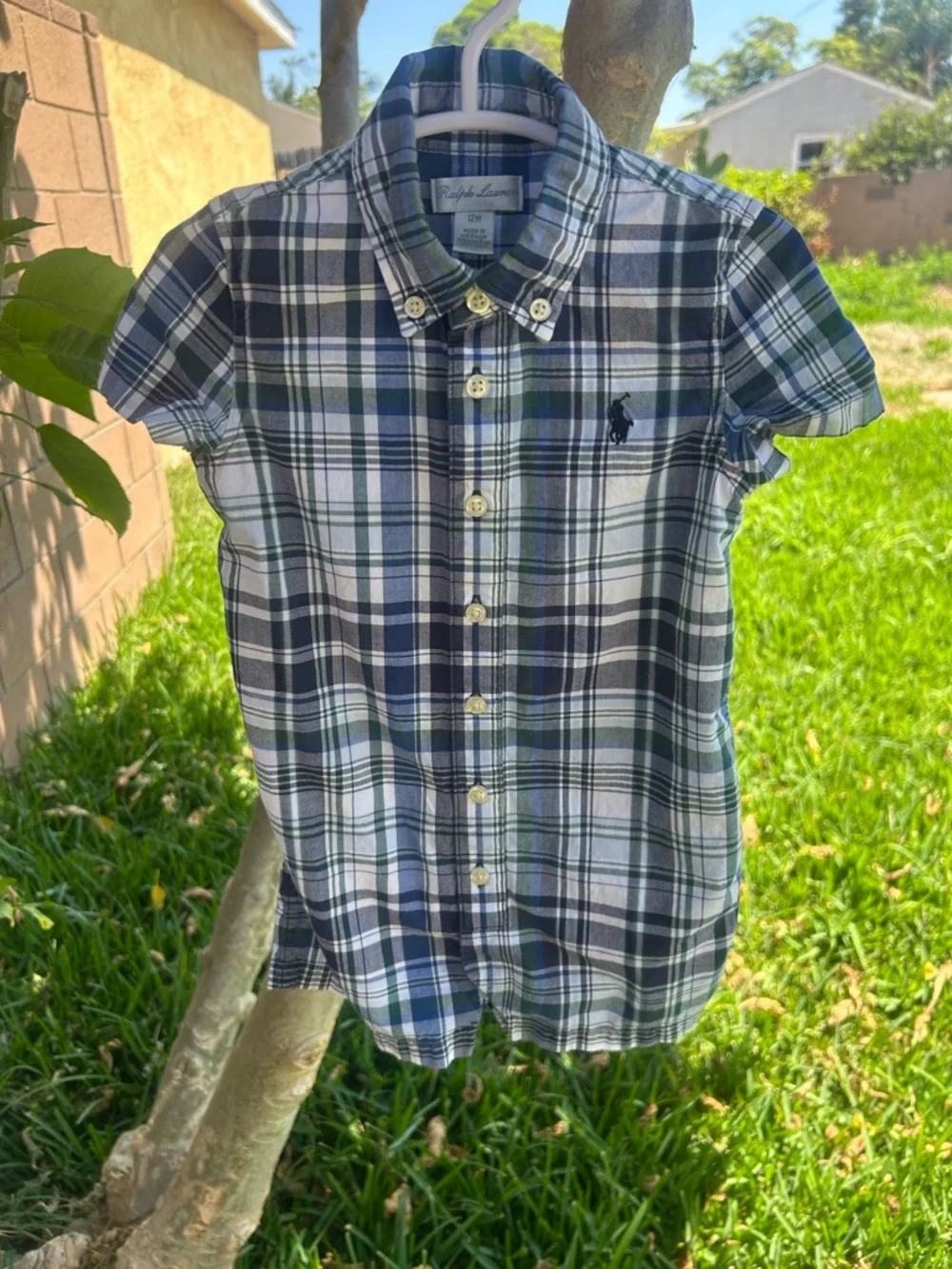 Ralph Lauren Navy, White & Green Plaid Short-Sleeve Romper